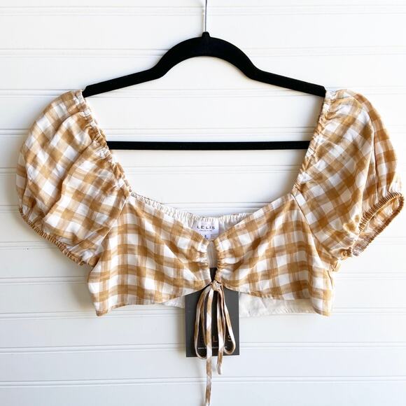 Le Lis S Tan White Plaid Checkered Tie Up Keyhole Short Cap Sleeve Crop Top - Picture 2 of 7